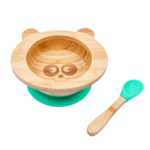 Cap Bambou -- Set de repas bébé bambou + silicone vert (bol + cuillère)